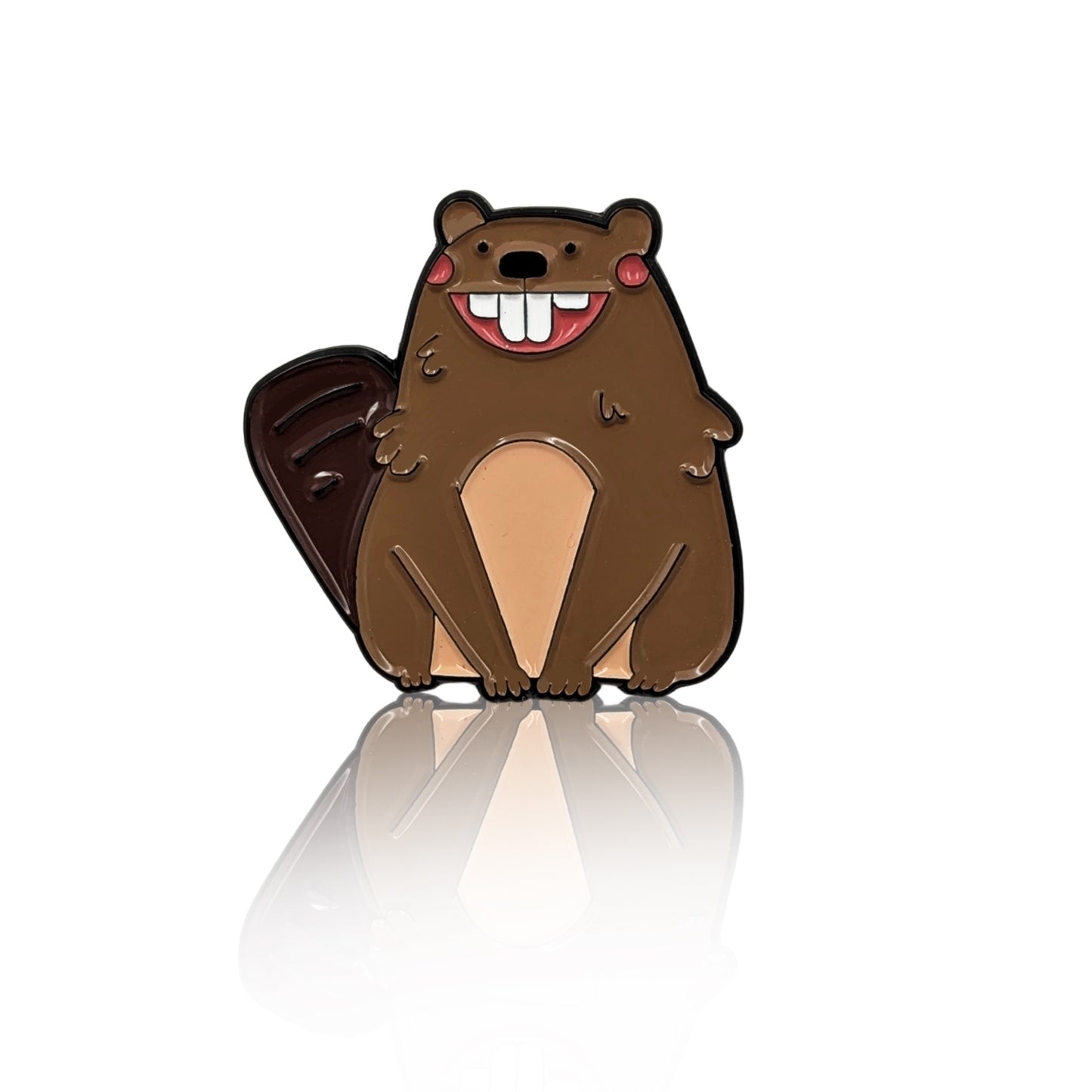 Cute smiling beaver enamel pin with buck teeth, inspired by Canadian wildlife, shown on a clean white background