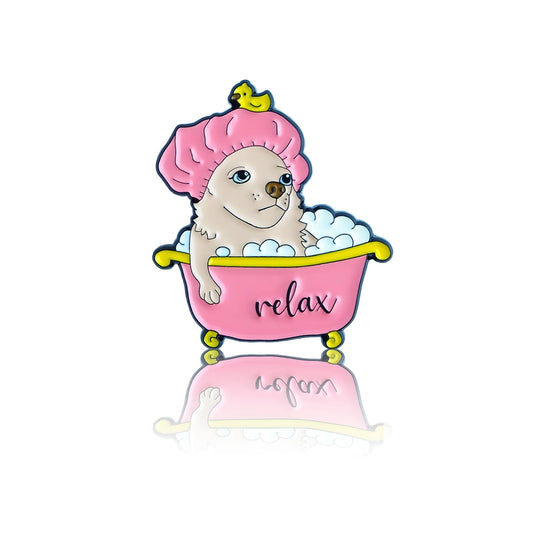 Enamel pin, dog in the bath design.