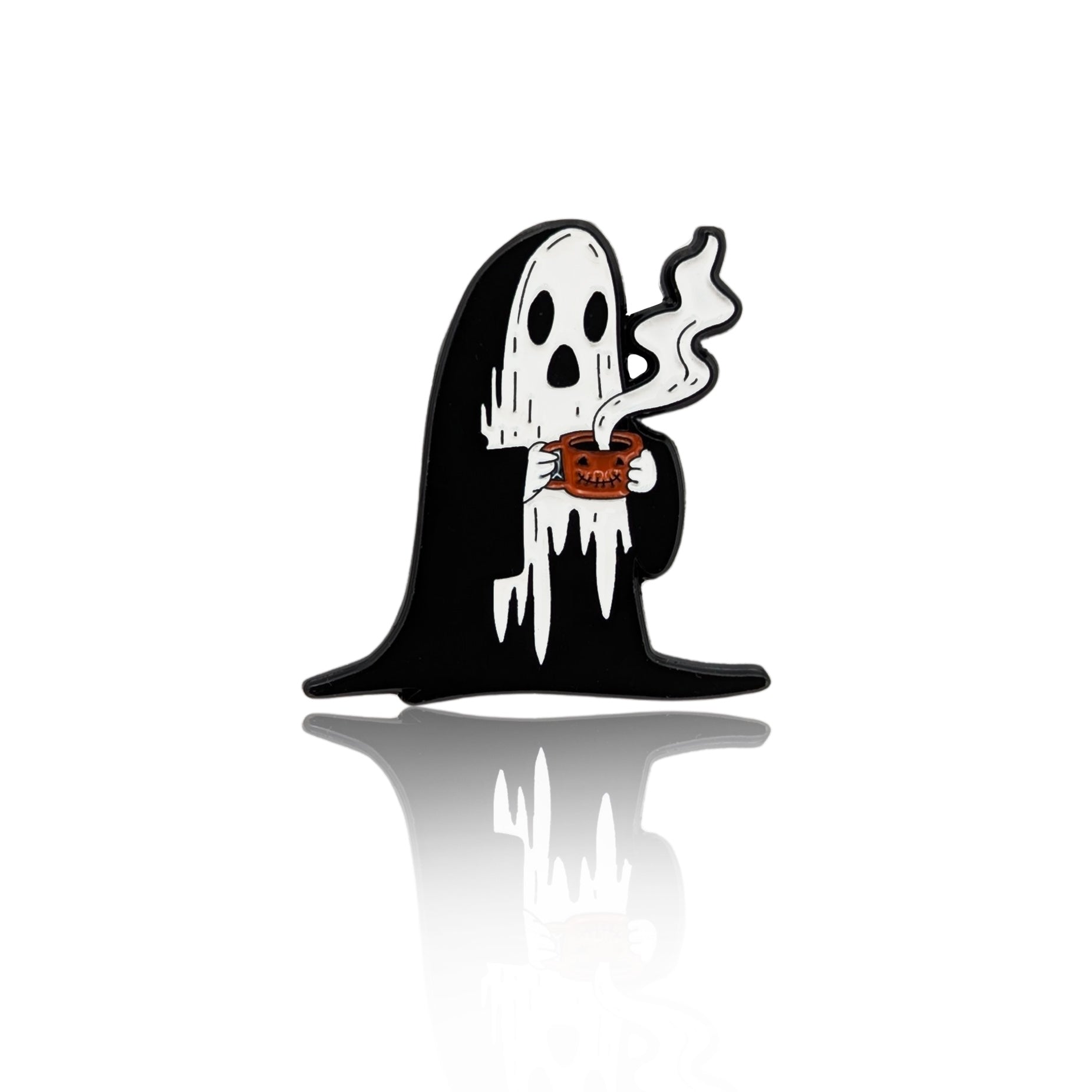 White ghost enamel pin holding a coffee cup with steam, shown on a clean white background