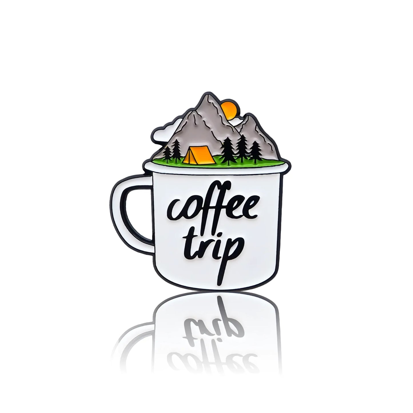 A mug with a mountain travel theme