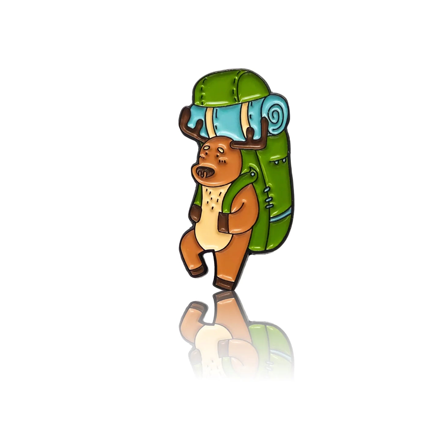 A deer with a large, green traveler's backpack