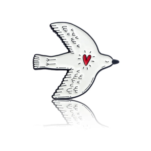 white dove with a red heart enamel pin