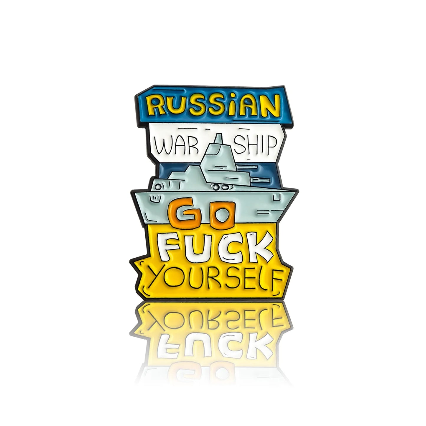 A warship with the inscription "Russian warship go fuck yourself" in the colors of Ukraine.