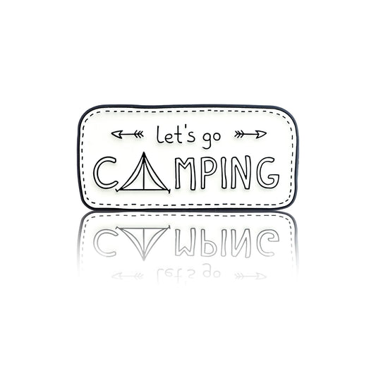 Sign with the inscription "Let's go camping" with a drawing of a tent