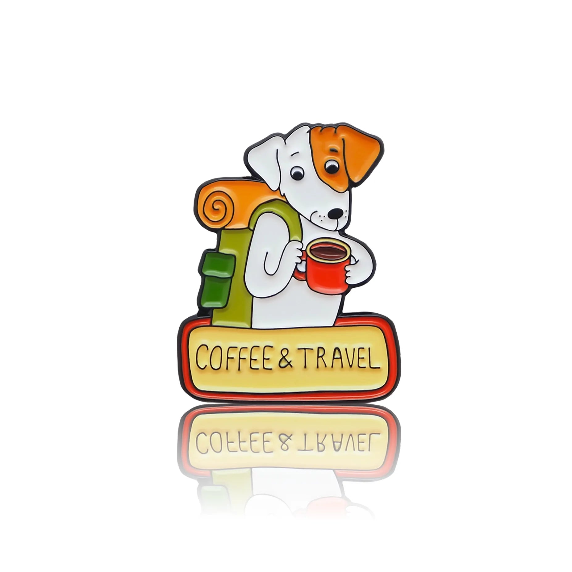 Dog with a backpack, a cup of coffee, and a sign saying "Coffee & Travel"