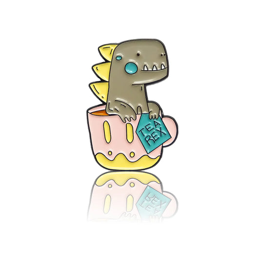 A small dinosaur in a colorful cup with the inscription tea-rex