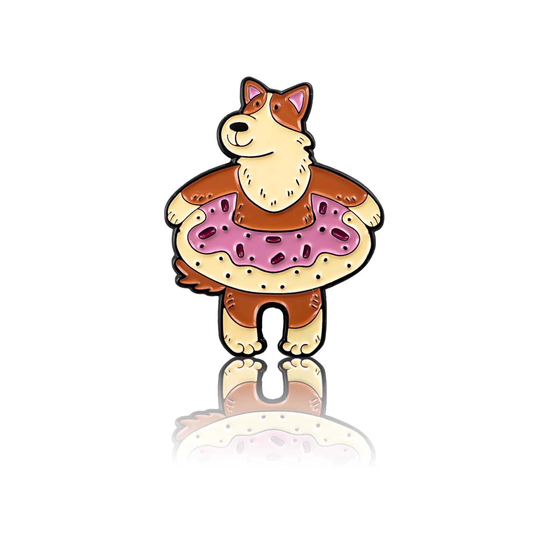 Brown and white puppy in the middle of a colorful donut