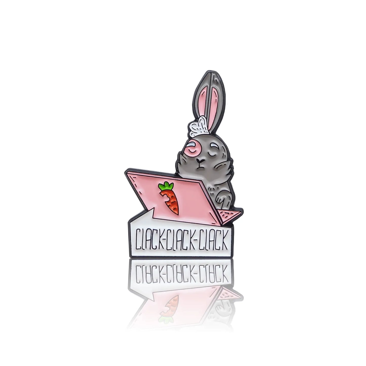 Grey rabbit with a pink computer saying "Click, Click, Click"