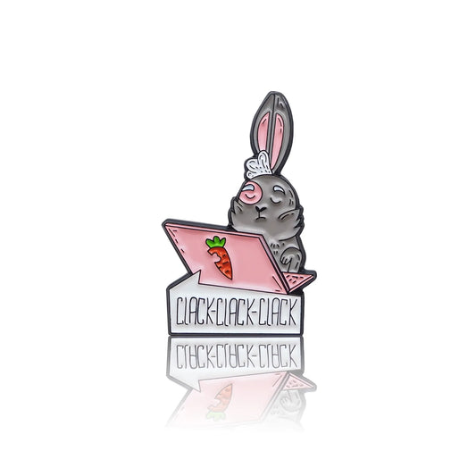 Grey rabbit with a pink computer saying "Click, Click, Click"