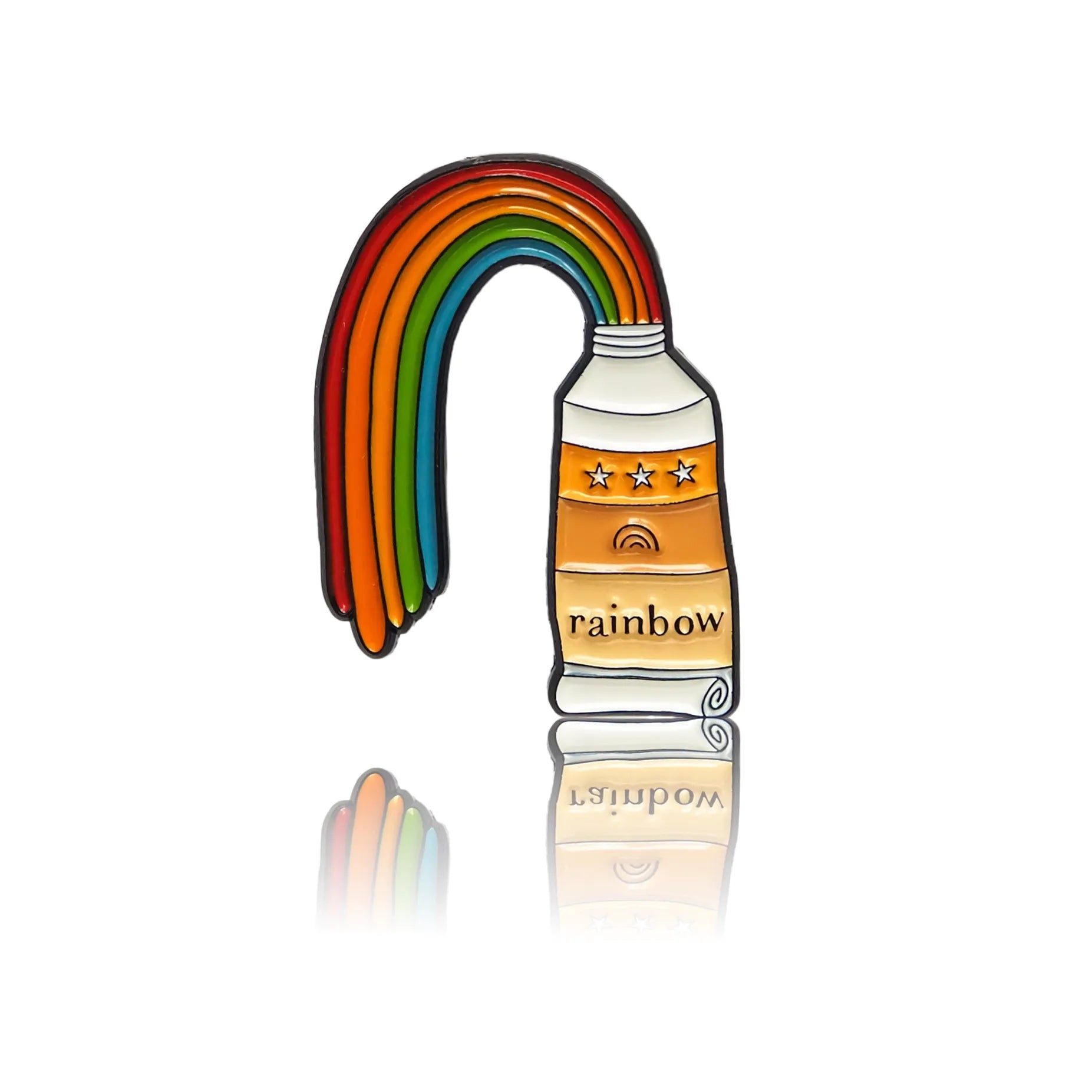 Tube of paint with the label rainbow from which rainbow paint is flying out