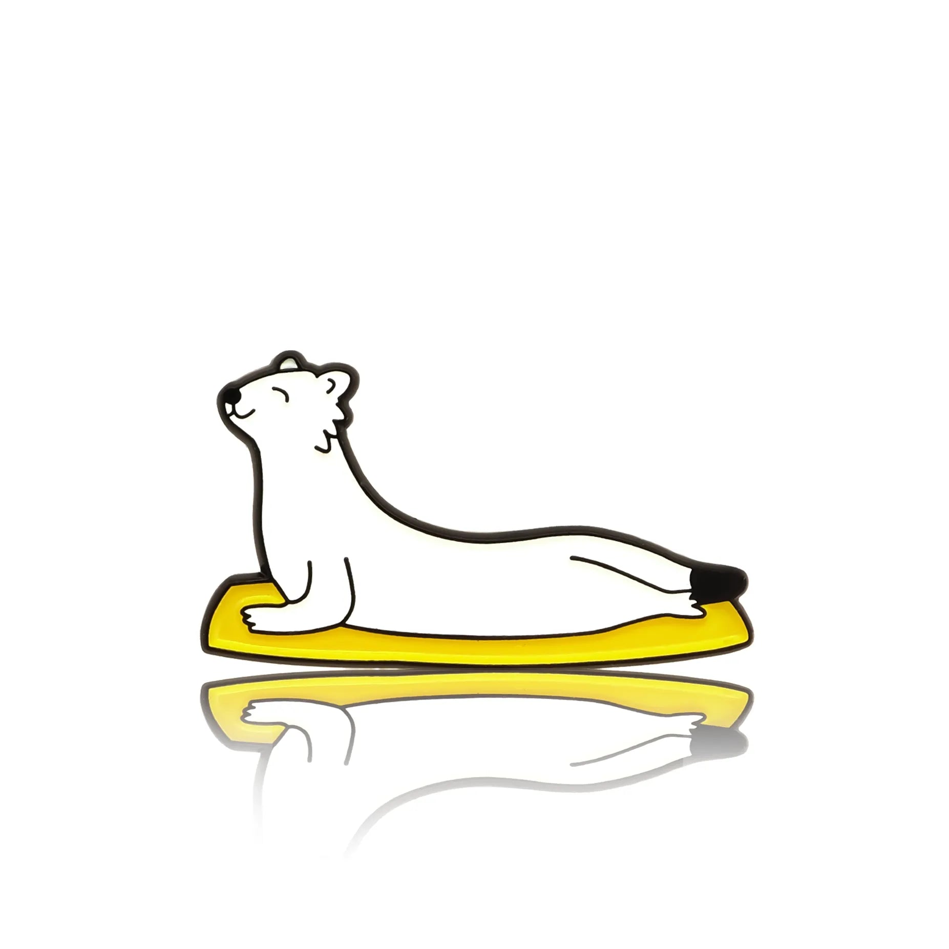 White ferret practicing yoga on a yellow mat