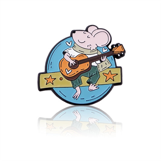 Enamel pin, design of a mouse with a guitar.