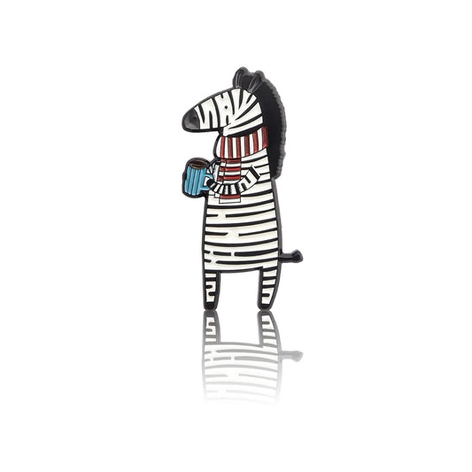 Zebra in a scarf with a cup of coffee