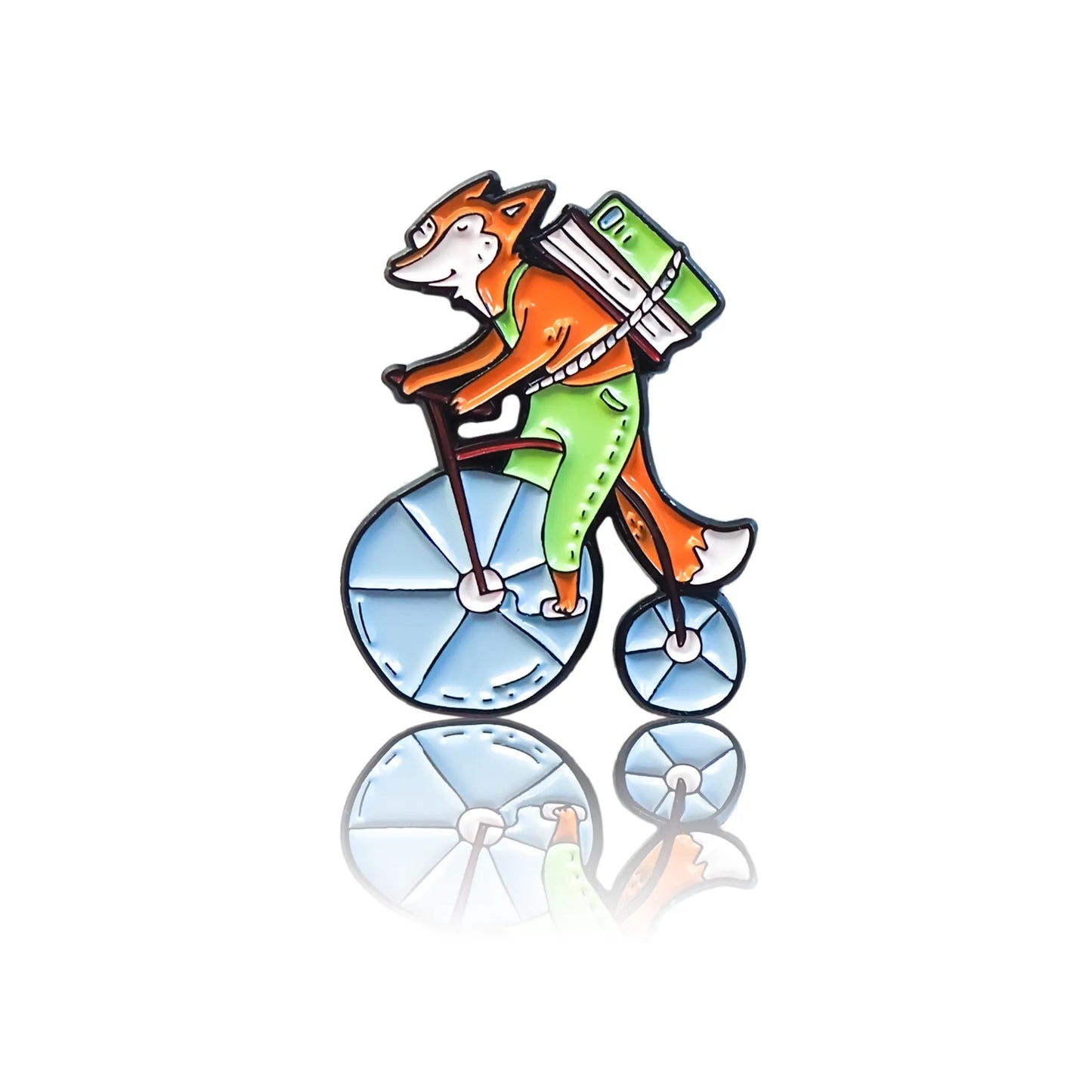 The fox riding a bike with books enamel pin