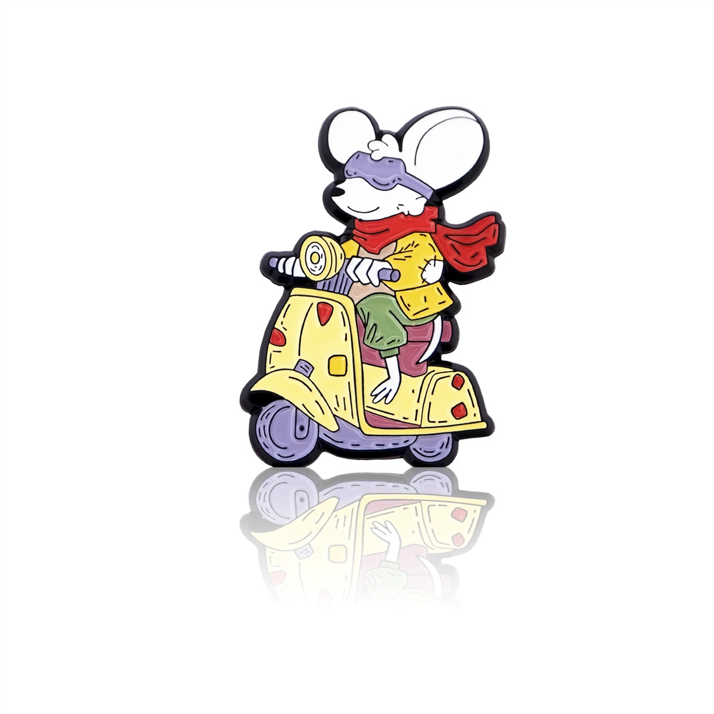 Enamel pin, mouse on a scooter design.