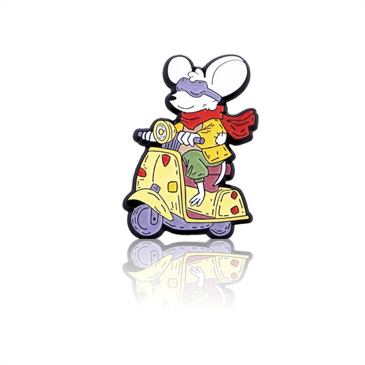 Enamel pin, mouse on a scooter design.