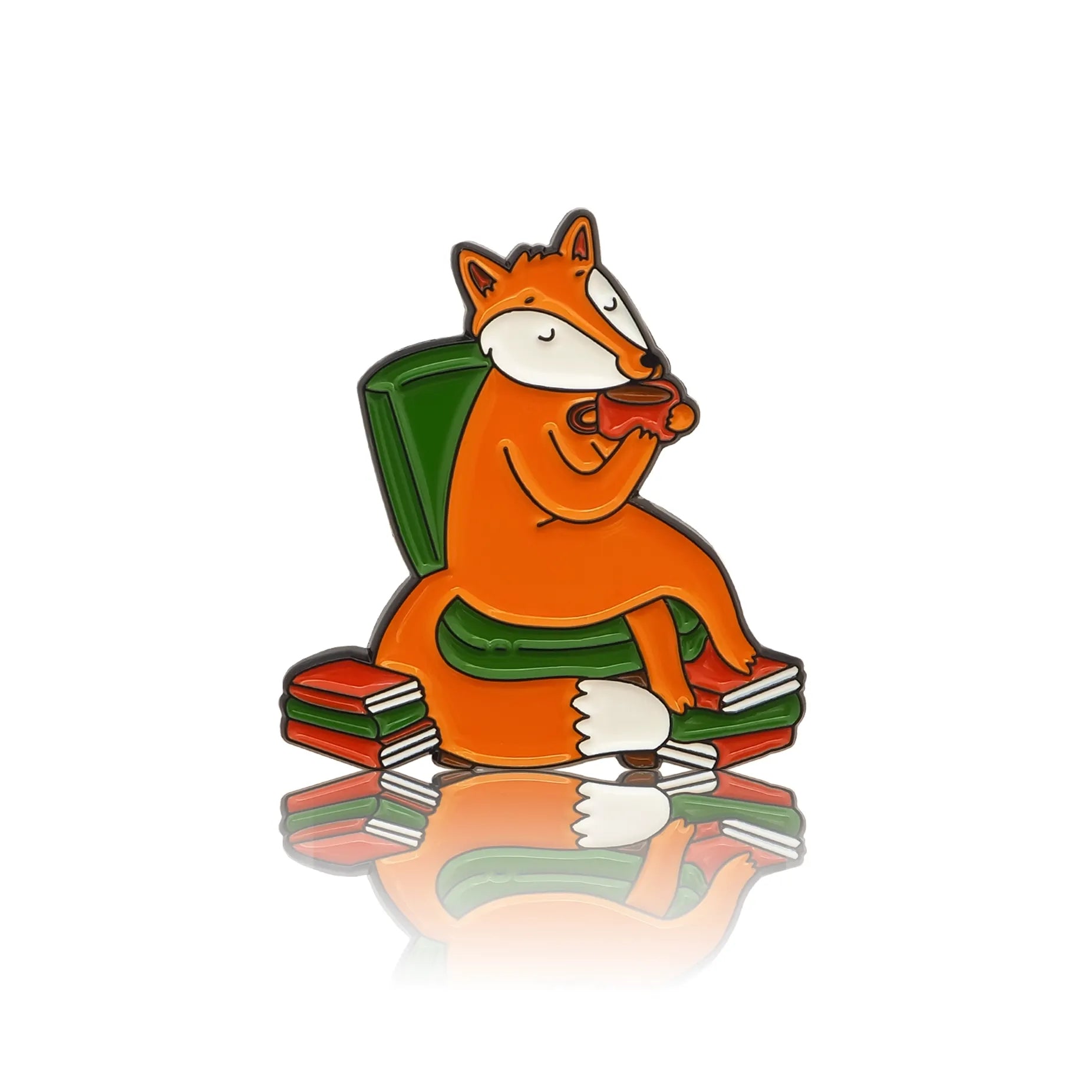Fox sitting in a green armchair with a cup of coffee, surrounded by colorful books