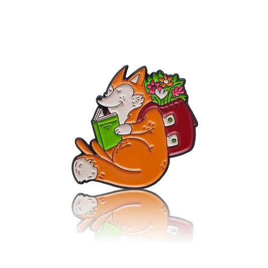 A sitting fox reading a book with a backpack full of flowers