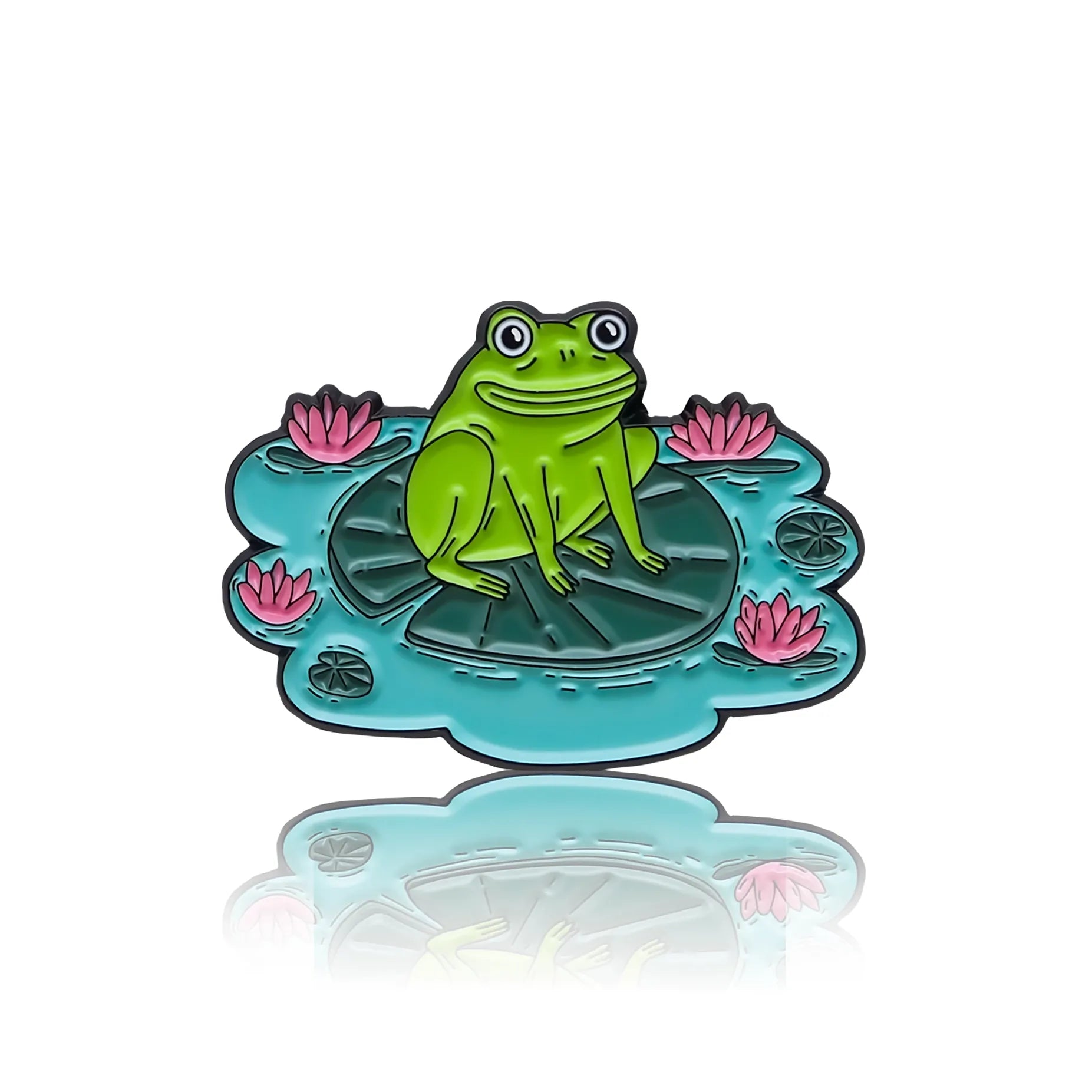 Green frog sitting on a water lily in a pond