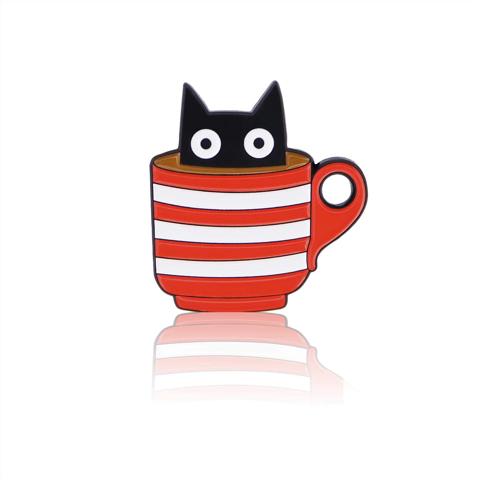 Enamel pin, design with a cat in a coffee cup.