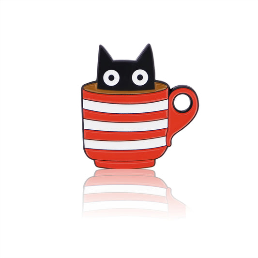 Enamel pin, design with a cat in a coffee cup.