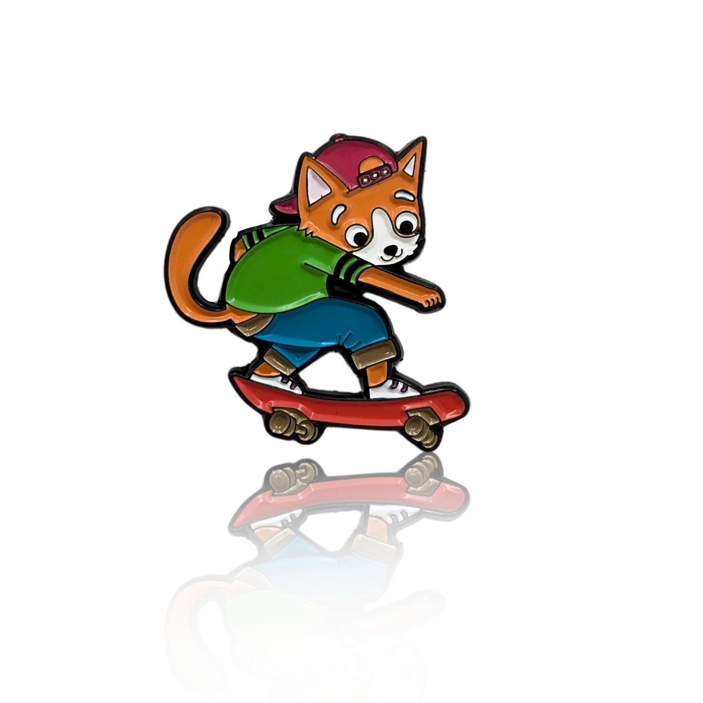 Kickflip Cat Milo enamel pin featuring a skateboarding cat, playful animal character pin on white background