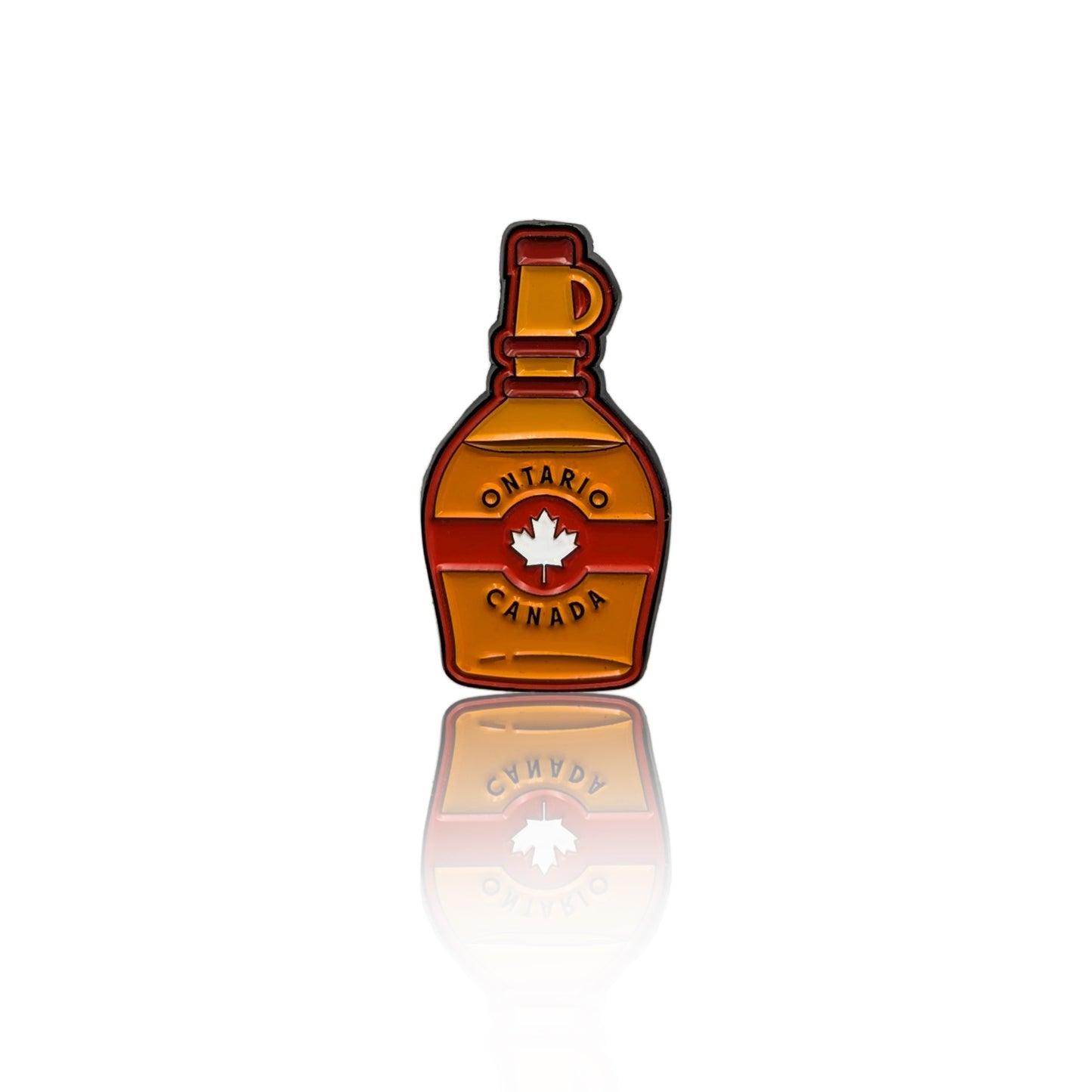Maple syrup bottle enamel pin with Ontario, Canada text and maple leaf, shown on a clean white background