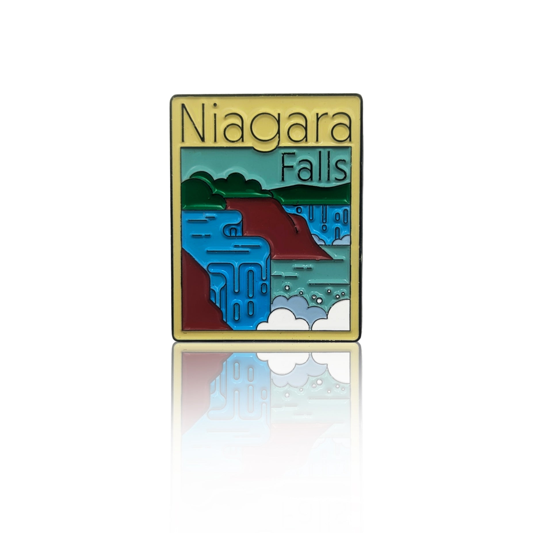 Niagara Falls enamel pin with a stylized landscape design, inspired by the famous Canadian landmark, shown on a white background