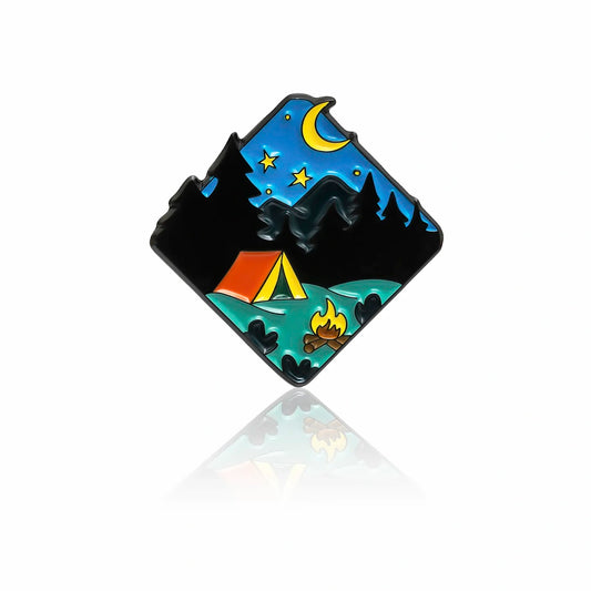 Night camping enamel pin with yellow tent, campfire, moon, and stars, 32mm by PINBOX