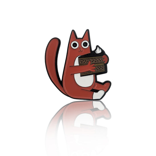 orange cartoon cat sitting and holding layered cake with cream