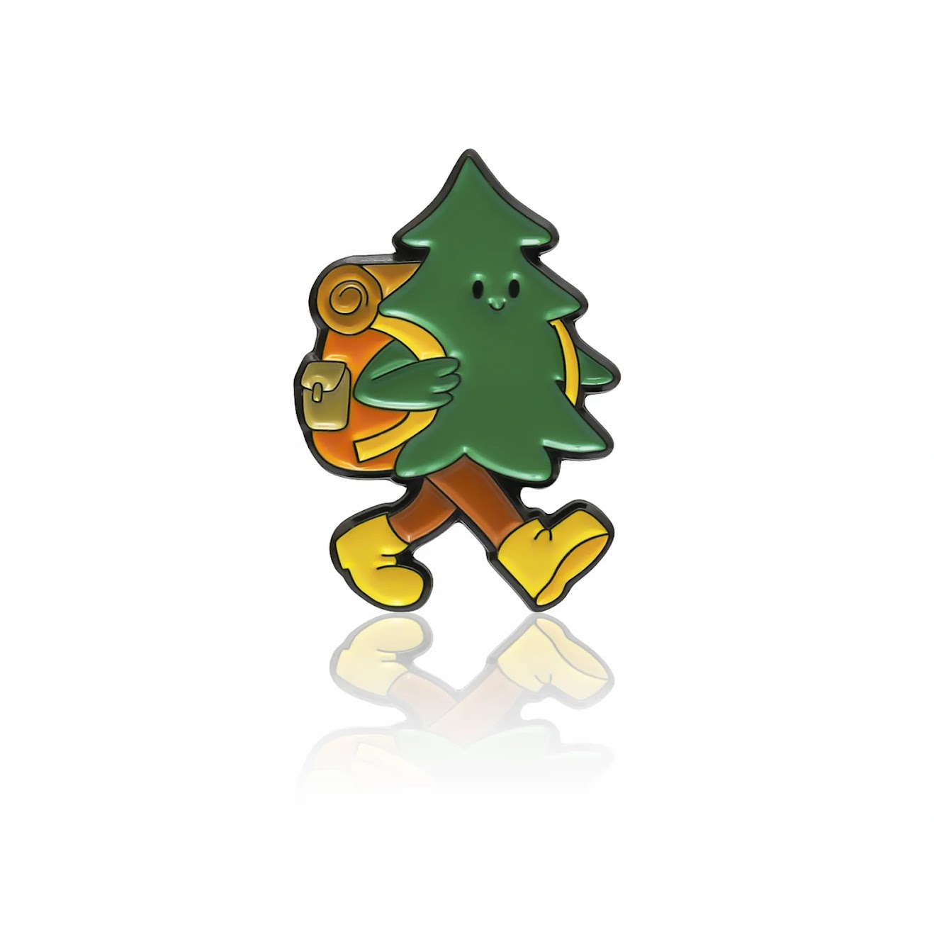 Pine tree enamel pin walking with backpack and yellow hiking boots, 32mm by PINBOX