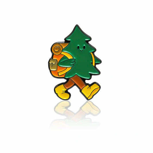 Pine tree enamel pin walking with backpack and yellow hiking boots, 32mm by PINBOX