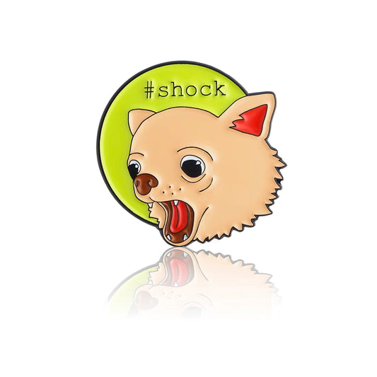 Enamel pin, design with a surprised dog.