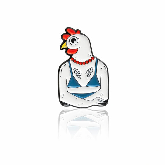 White chicken enamel pin wearing a blue bikini top, red necklace, and tattoos, 32mm by PINBOX