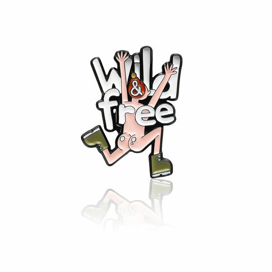 Wild & Free enamel pin with playful hiking character in boots, 32mm by PINBOX