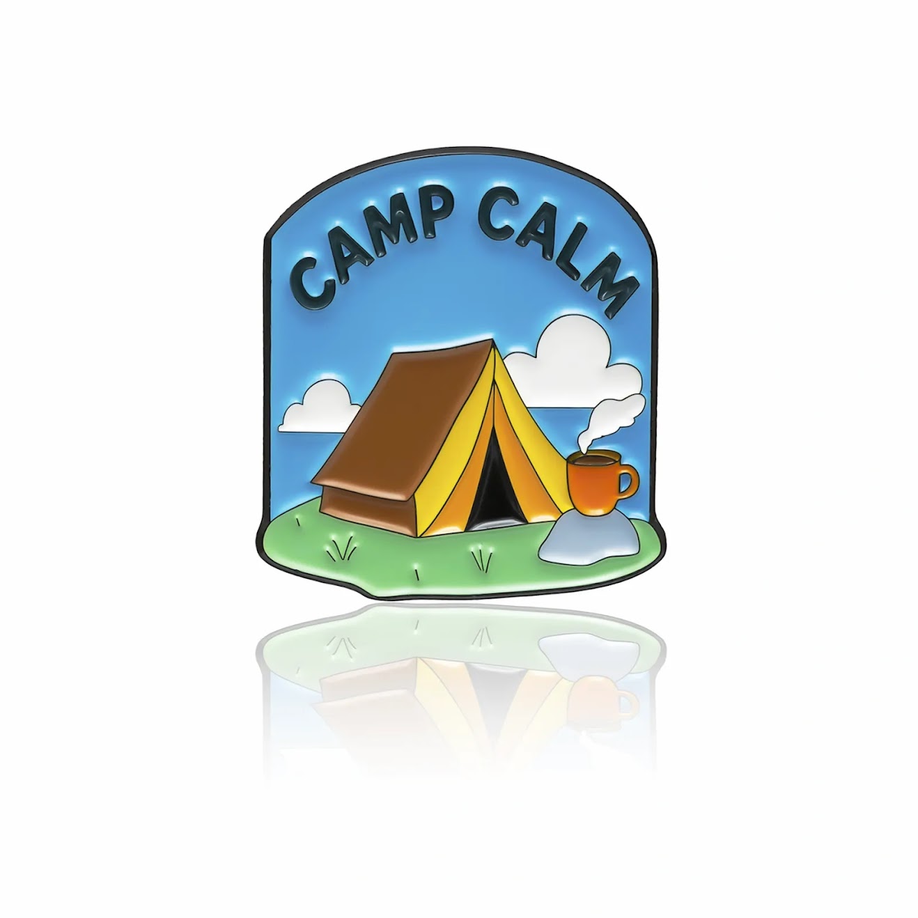 Camp Calm enamel pin 32mm with tent and coffee design by PINBOX