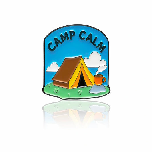 Camp Calm enamel pin 32mm with tent and coffee design by PINBOX